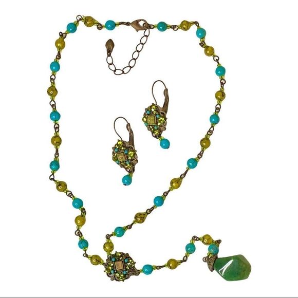 Artisan Beaded Turquoise & Peridot Necklace & Earrings Duo - Picture 4 of 6